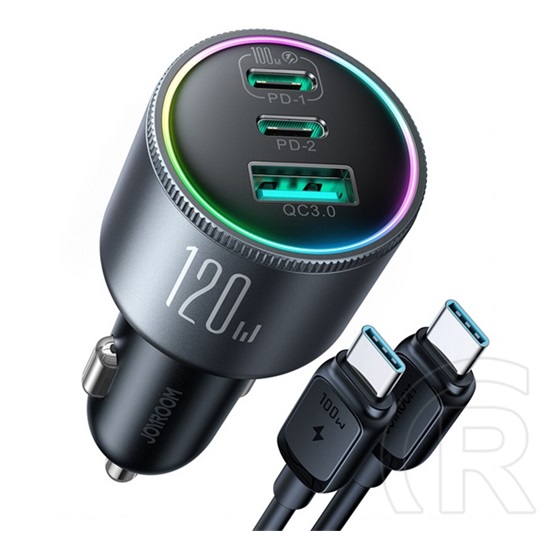 Joyroom autós töltő usb+2 type-c aljzat (5v/3a, 120w, pd gyorstöltő 3.0 + type-c kábel) fekete