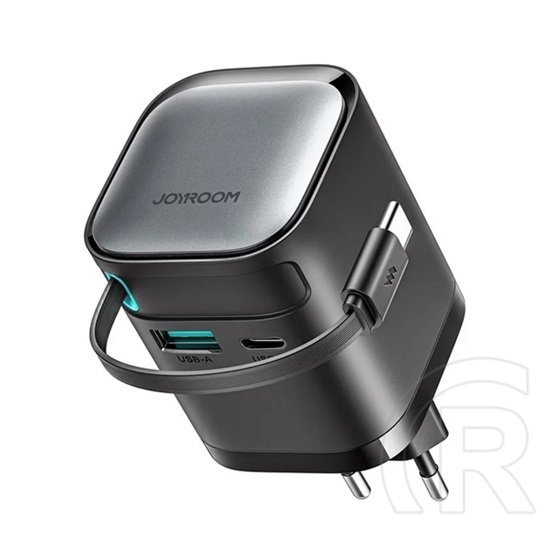 Joyroom hálózati töltő usb+type-c aljzat (65w, pd gyorstöltő, gan + fix, csévélhető type-c kábel) fekete