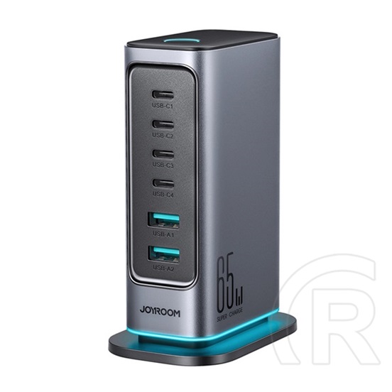 Joyroom jr-tcm02 hálózati töltő 2 usb+4 type-c aljzat (65w, gan, pd gyorstöltő) sötétszürke