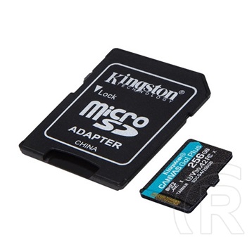 256 GB MicroSDXC Kingston Canvas Go! Plus memóriakártya (R/W 200/160 MB/s, Class 10, UHS-1, U3, V30, A2, SD adapter)