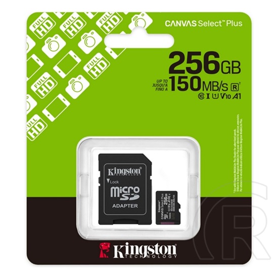 Kingston memóriakártya 256gb (microsdxc canvas select plus gen3 - class 10, uhs-1, u1, v10, a1) - sd adapter