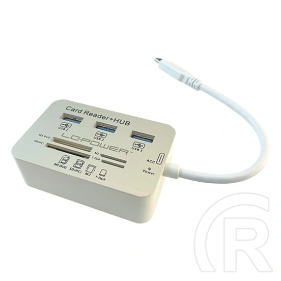 LC Power LC-HUB-C-CR USB hub (3x USB 3.2 Gen1 Type-A, Type-C csatlakozó, beépített kártyaolvasó, 12,5 cm kábel, ezüst/fe