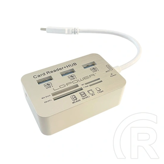 LC Power LC-HUB-C-CR USB hub (3x USB 3.2 Gen1 Type-A, Type-C csatlakozó, beépített kártyaolvasó, 12,5 cm kábel, ezüst/fe