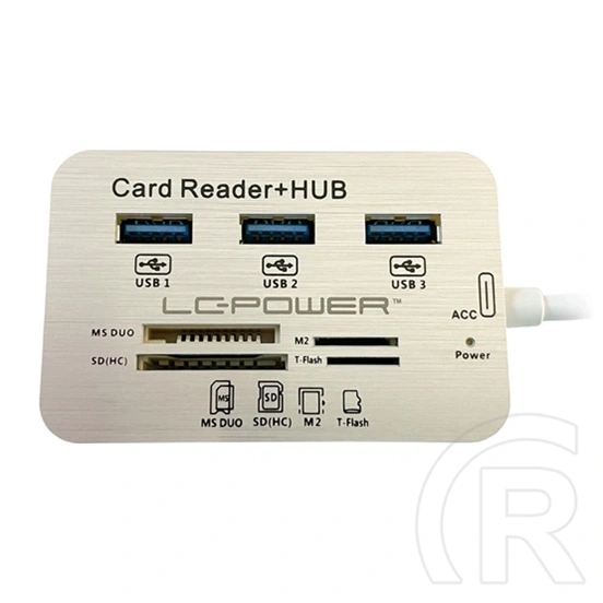 LC Power LC-HUB-C-CR USB hub (3x USB 3.2 Gen1 Type-A, Type-C csatlakozó, beépített kártyaolvasó, 12,5 cm kábel, ezüst/fe