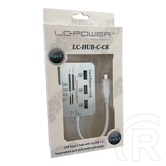 LC Power LC-HUB-C-CR USB hub (3x USB 3.2 Gen1 Type-A, Type-C csatlakozó, beépített kártyaolvasó, 12,5 cm kábel, ezüst/fe