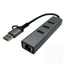 LC Power LC-HUB-C-MULTI-9 USB hub (3 USB-csatlakozó, USB-C, USB-A, RJ45, USB 3.2 Gen 1, 12 cm kábel)