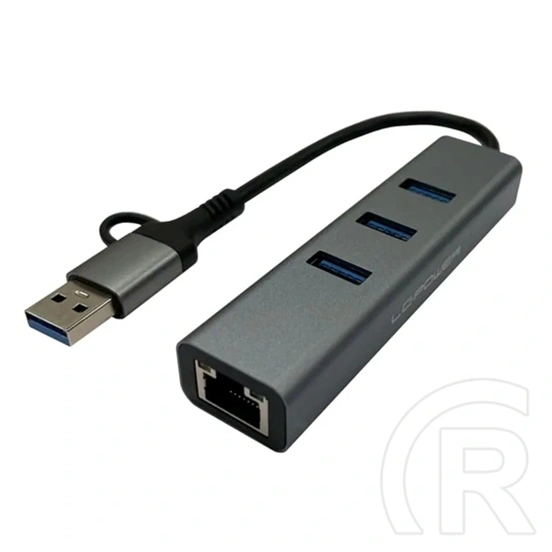 LC Power LC-HUB-C-MULTI-9 USB hub (3 USB-csatlakozó, USB-C, USB-A, RJ45, USB 3.2 Gen 1, 12 cm kábel)