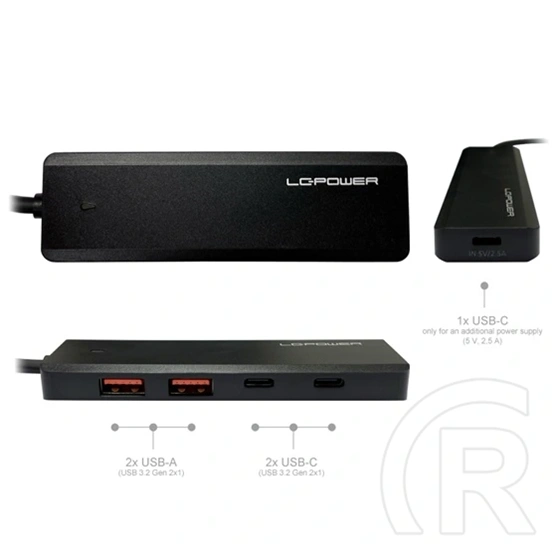 LC Power LC-HUB-U3-4-C USB hub (2x USB-A, 2x USB-C, 1x USB-C tápellátás, USB 3.2 Gen2x1 10 Gb/s)