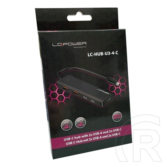 LC Power LC-HUB-U3-4-C USB hub (2x USB-A, 2x USB-C, 1x USB-C tápellátás, USB 3.2 Gen2x1 10 Gb/s)