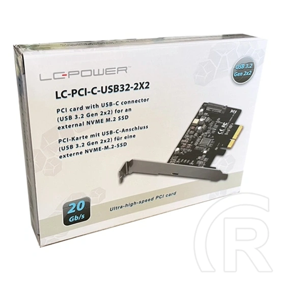 LC Power LC-PCI-C-USB32-2X2 PCIe adapter kártya (USB 3.2 Gen 2x2, USB-C, PCIe x4, külső NVMe M.2, LED, 20 Gb/s, fekete)