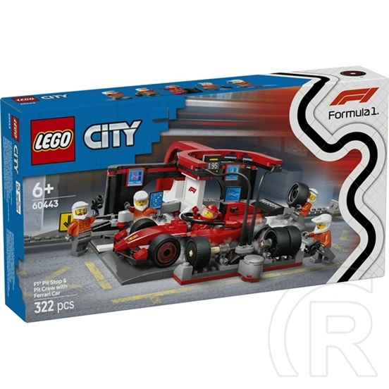 LEGO® F1®-es boxutca és személyzet, Ferrari autóval, versenyautós játék 60443