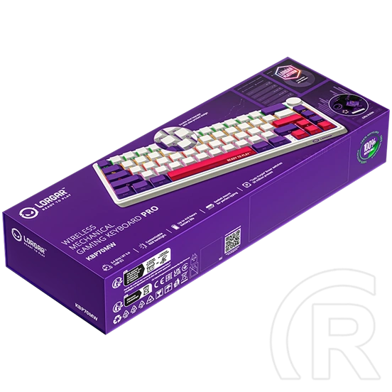 LORGAR KBP70MW vezeték nélküli 65%-os mechanikus gamer billentyűzet (Toxic Purple, USB/Bluetooth, US, fehér)