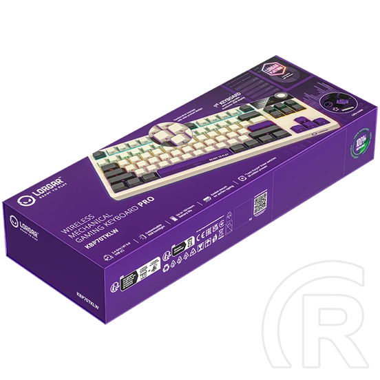 LORGAR KBP70TKLW Pro vezeték nélküli mechanikus gamer billentyűzet (Toxic Purple, USB/Bluetooth, US, bézs)