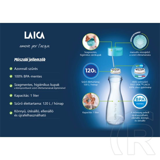 Laica rozsdamentes matt bézsre festett fast disk rendszerű vízszűrő kulacs pánttal, 0,55 literes