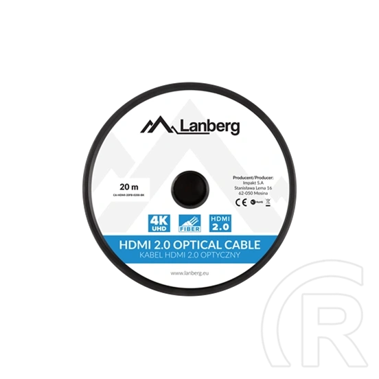 Lanberg HDMI (M/M) v2.0 kábel (20 m, optikai AOC, 18 Gb/s, 3840 x 2160, aranyozott csatlakozó, fekete, ezüst)