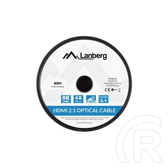 Lanberg HDMI v2.1 M/M AOC összekötő kábel (80 m, Ultra High Speed, DSC 1.2, 48 Gb/s, 8K@60Hz, fekete)