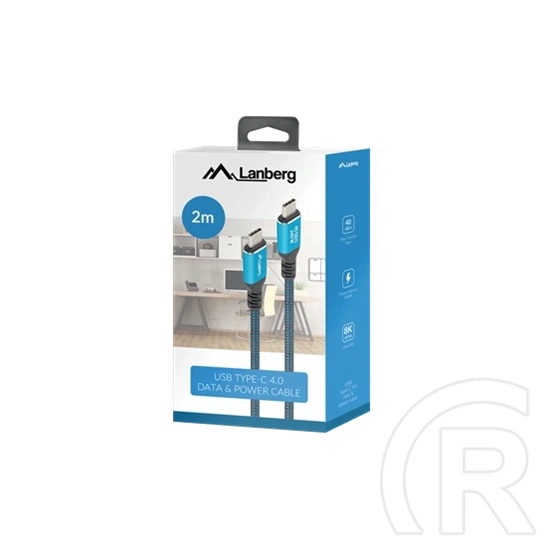 Lanberg USB-C (M/M) 4.0 kábel 2 m (240 W, 8K 60 Hz, 40 Gb/s, szövet fonat, fekete, kék)