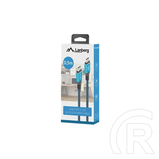 Lanberg USB-C kábel (M/M, 50 cm, USB 4.0, 240W, 8K 60 Hz, 40 Gb/s, szövet fonat, fekete-kék)