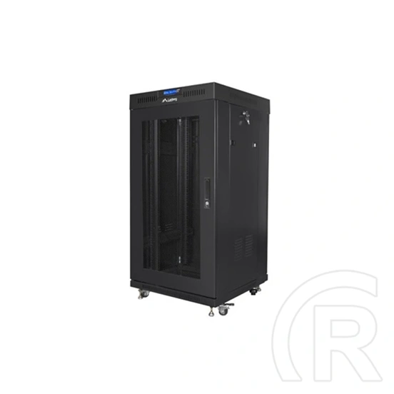 Lanberg szabadon álló rackszekrény (19", 22U, 600x600, perforált ajtó, lapraszerelt, LCD kijelző, 520mm mély, fekete)