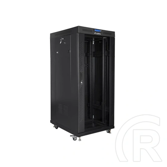 Lanberg szabadon álló rackszekrény (19", 27U, 600x800 mm, üvegajtó, lapraszerelt, LCD kijelző, fekete)
