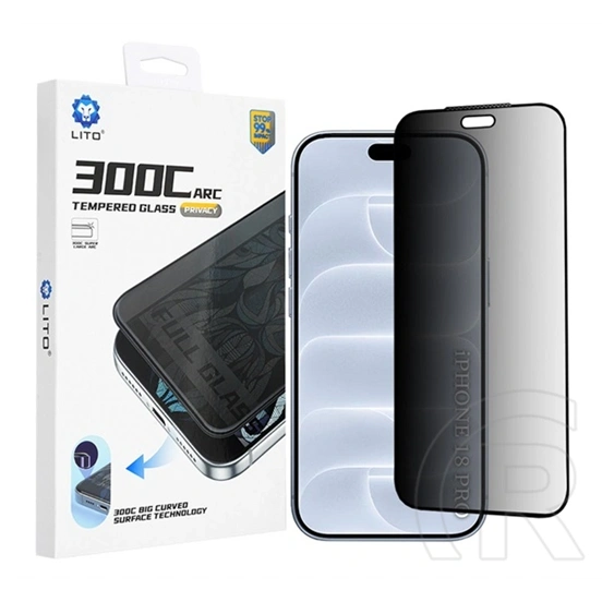 Lito iPhone 18 Pro  d+ max privacy 300c képernyővédő üveg (3d, full cover, betekintés védelem, 0.5mm, 9h) fekete