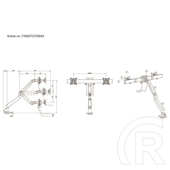 MULTIBRACKETS asztali konzol (2 képernyős, 15-28", VESA 75x75/100x100, fehér, gázrugós)
