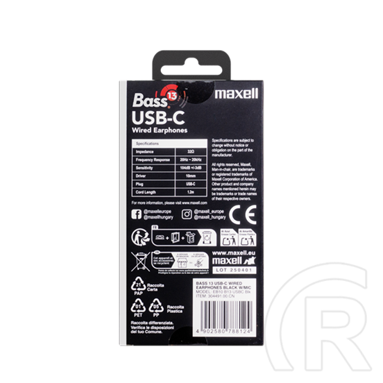 Maxell eb10 bass13 USB-C fülhallgató (in-ear, mikrofon, sztereo, fekete)