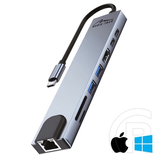 Media-Tech  8in1 USB-C Docking Station (HDMI, SD, Gibabit LAN, USB A, USB C, USB-C PD 100W, tápegység nélkül)