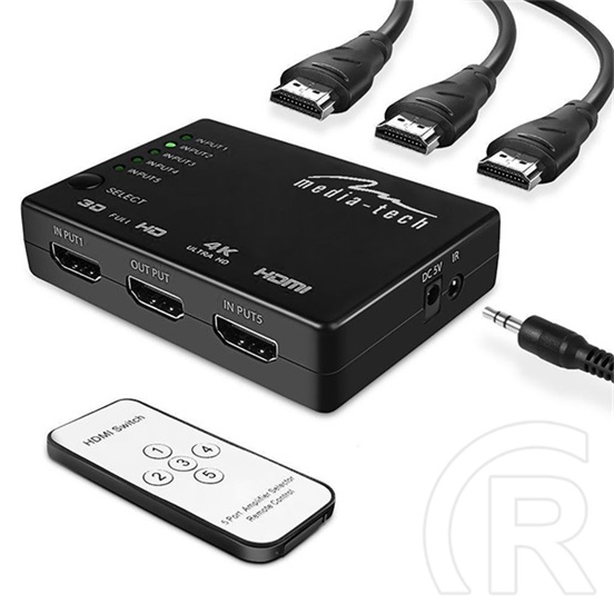 Media-Tech HDMI switch 5 portos (HDMI bemenet 5, kimenet 1, 3840x2160 60Hz HDR, IR távvezérlő, USB tápkábel, 110x60x15 m