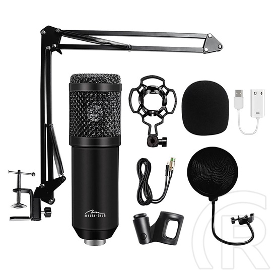 Media-Tech stúdió és streaming mikrofonkészlet (kondenzátor, XLR kábel, 3,5 mm jack, USB hangkártya, fekete)