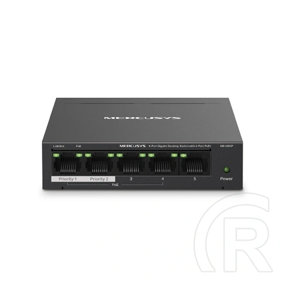 Mercusys MS105GP switch 5 port 1Gbps, 4 PoE+ port, 65W, 250m, fém ház