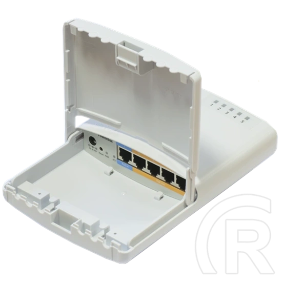 MikroTik PowerBox RB750P-PBr2 router (5x 10/100, 4x passzív PoE kimenet, PoE-in, DC jack, kültéri, fehér)