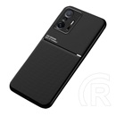 Műanyag védő ( Xiaomi 11T Pro szilikon keret, közepesen ütésálló, beépített fémlemez, bőr hatású hátlap, csíkos) fekete