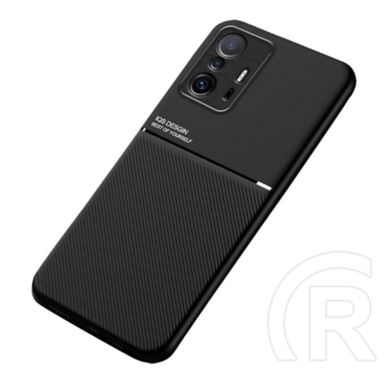 Műanyag védő ( Xiaomi 11T Pro szilikon keret, közepesen ütésálló, beépített fémlemez, bőr hatású hátlap, csíkos) fekete