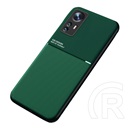 Műanyag védő ( Xiaomi 12 Pro szilikon keret, közepesen ütésálló, beépített fémlemez, bőr hatású hátlap, csíkos) zöld
