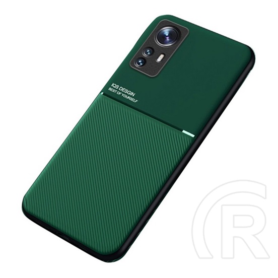 Műanyag védő ( Xiaomi 12 Pro szilikon keret, közepesen ütésálló, beépített fémlemez, bőr hatású hátlap, csíkos) zöld