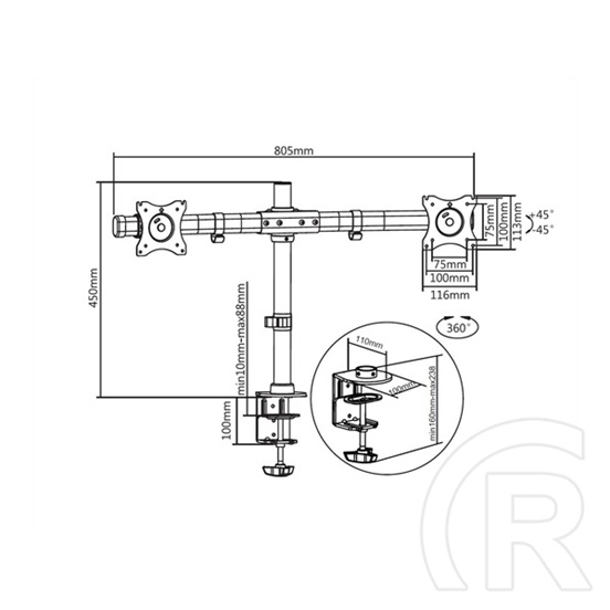 Multibrackets asztali konzol (2 képernyős, 15-27", VESA 75x75/100x100 mm, 8 kg/monitor, dönthető, forgatható, fekete)