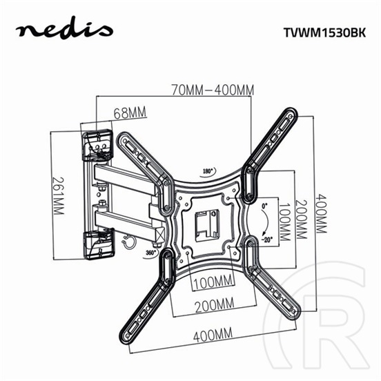 NEDIS TVWM1530BK fali TV/monitor tartó (23"-55", VESA 100x100-400x400, 30 kg, dönthető, forgatható, fekete)