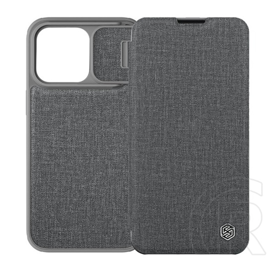 NILLKIN Apple iPhone 14 Pro qin pro tok álló, szövet hatású (flip, bankkártya tartó, kamera védelem) szürke