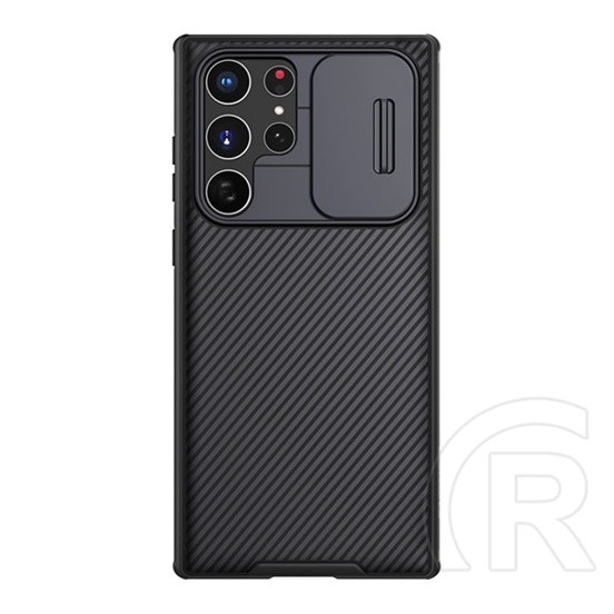 NILLKIN Samsung Galaxy S22 5G (SM-S901) camshield pro műanyag védő (szilikon keret, kamera védelem, csíkos minta) fekete