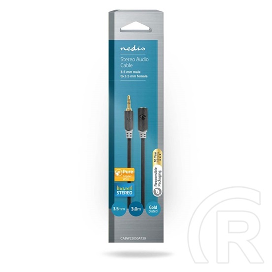 Nedis 3,5 mm sztereó audio kábel (3,5 mm apa / 3,5 mm anya, 3 m, aranyozott csatlakozó, antracit)