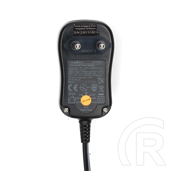 Nedis ACPA001 univerzális AC-DC tápegység (3-12 V DC, 12 W, 6 cserélhető dugó, 1,8 m, fekete)