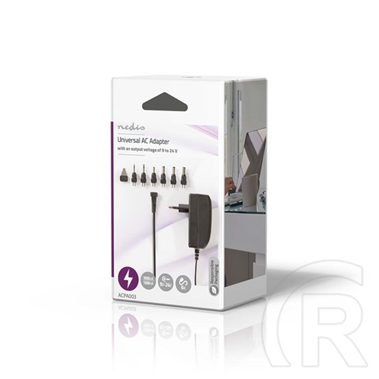 Nedis ACPA003 univerzális hálózati adapter (9-24V, 24W, 1-1,5A, 6 cserélhető csatlakozó, 1,8 m kábel, fekete)