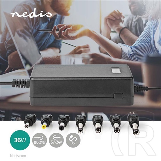 Nedis ACPA105 univerzális AC-DC tápegység (5–24V, 36W, 7 cserélhető csatlakozó, 1,8 m kábel, fekete)