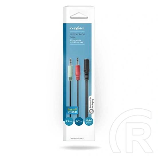 Nedis CAGB22160BK02 Sztereó audio kábel (2x 3,5 mm jack dugó - 3,5 mm sztereó jack aljzat, 0,20 m, fekete)