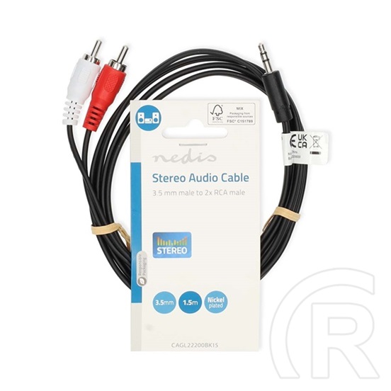 Nedis CAGL22200BK15 sztereó audió kábel (3,5 mm Jack dugó / 2 x RCA dugó, 1,5 m)