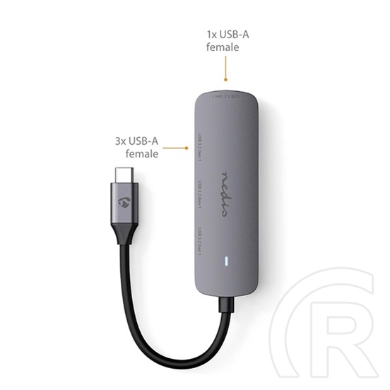 Nedis CCGB64220GY01 4 portos USB-C hub (USB-C dugó / 4x USB A 3.2 Gen1, 5 Gbps, 7,5 W, szürke)