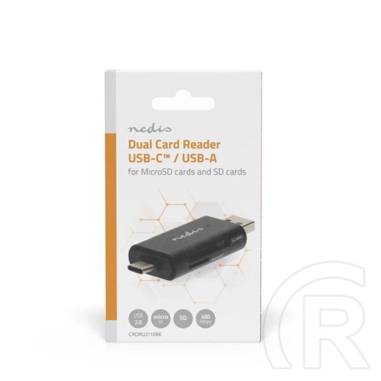 Nedis CRDRU2110BK USB 2.0 kártyaolvasó (USB-C, microSD, microSDHC, microSDXC, SD, SDHC, SDXC, fekete)