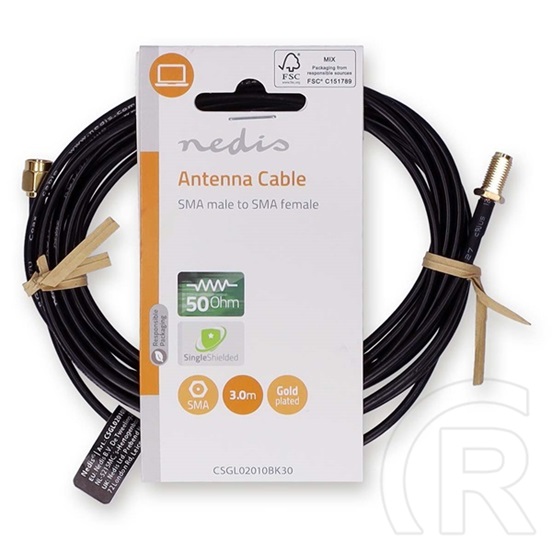 Nedis CSGL02010BK30 SMA kábel (SMA apa / SMA anya, aranyozott, 50 Ohm, árnyékolt, 3 m, fekete)