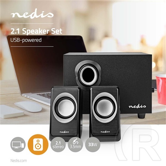 Nedis CSPR10021BK PC hangszóró 2.1 (33 W, 3,5 mm jack, USB tápellátás, fekete)